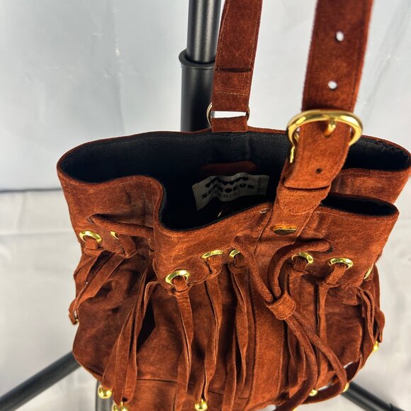 Sepcoeur Paris Brown Suede Leather Bucket Handbag Boho Bell Fringe Vintage - Picture 3 of 7